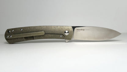 Massdrop | Ray Laconico Keen MDX-24120-1 Pre-Owned - Satin 3.4" CPM-S35VN Spear Point Blade & Bronze Stonewash 6AL4V Titanium Frame Lock Handle w/ Flipper Tab | Made in China by WE Knife