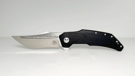 Begg Knives Astio BG008 Pre-Owned LNIB - Satin 3.5" CPM D2 Recurve Tanto Blade & Black G-10 Handle Scales - Ball Bearing SS Pocket Clip - Frame Lock Folder w/ Flipper Tab | Made in China