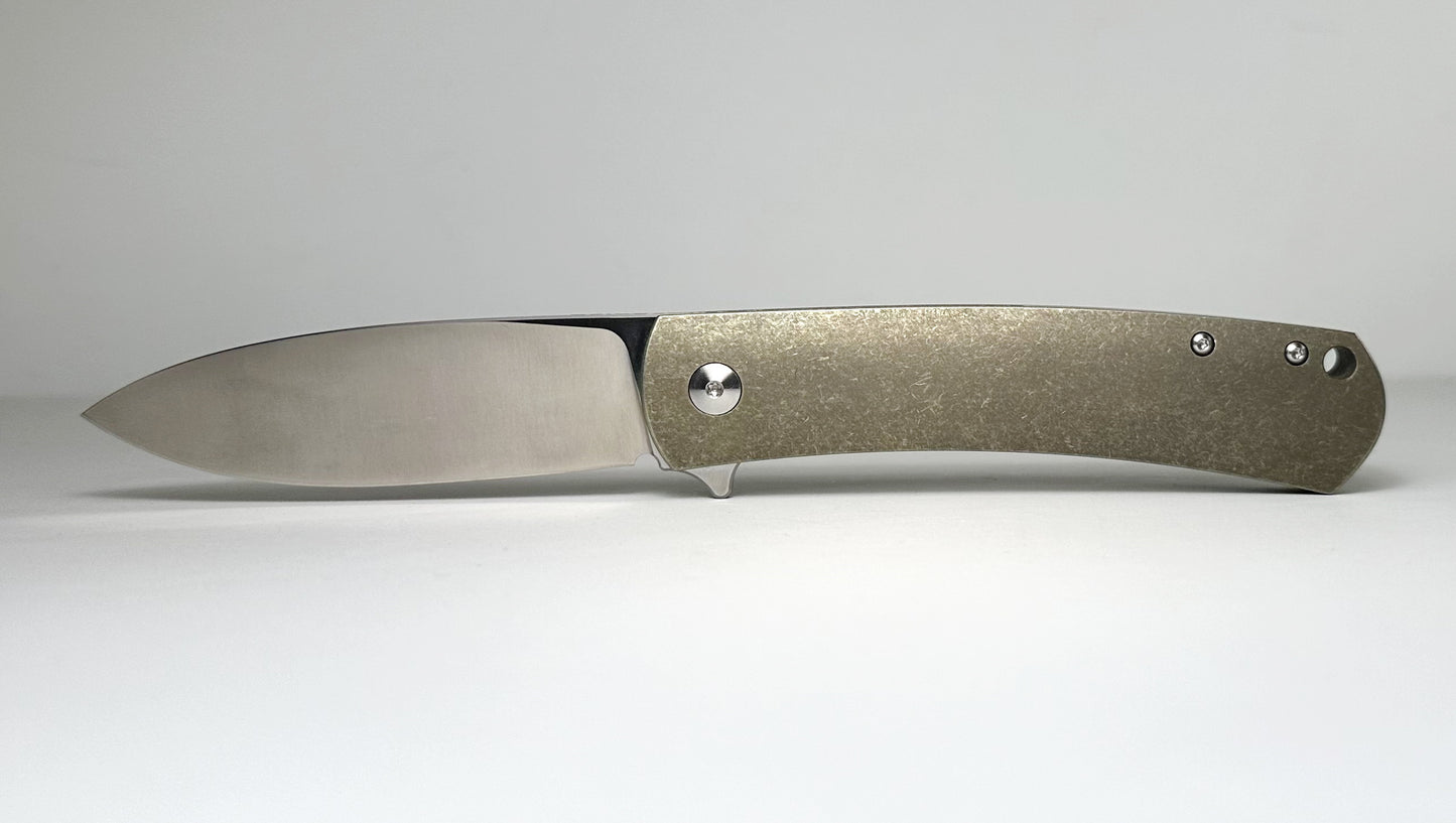 Massdrop | Ray Laconico Keen MDX-24120-1 Pre-Owned - Satin 3.4" CPM-S35VN Spear Point Blade & Bronze Stonewash 6AL4V Titanium Frame Lock Handle w/ Flipper Tab | Made in China by WE Knife