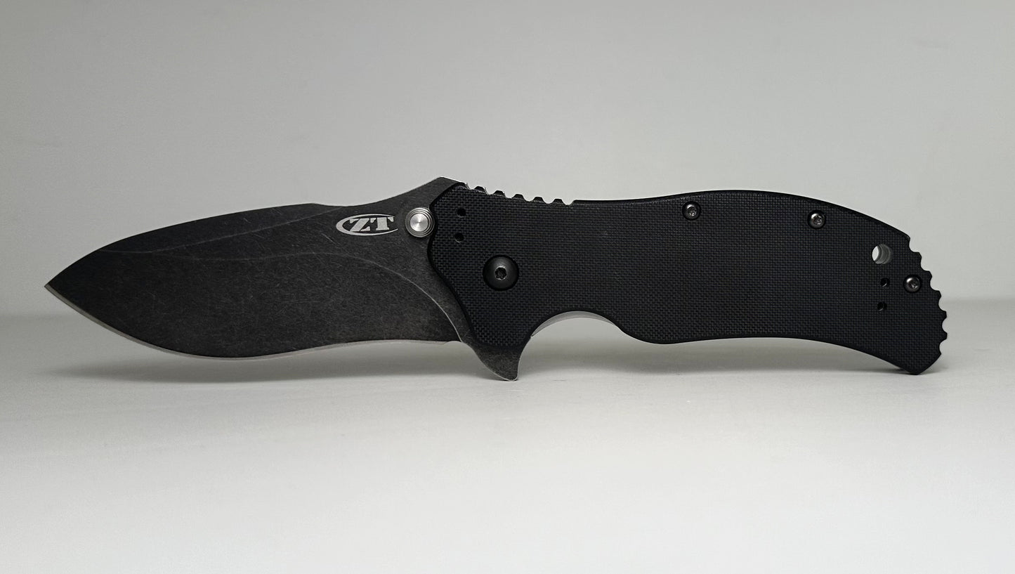 Zero Tolerance | Ken Onion 0350BW SpeedSafe Pre-Owned - Black Acid Washed 3.25" CPM-S30V Recurve Blade & Black G-10 Handle Scales - Spring-Assisted Folder w/ Dual Studs & Flipper Tab | Made in USA