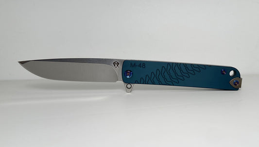 Medford Knife & Tool M-48 Flipper Pre-Owned - Tumbled Satin CPM-S45VN Drop Point Blade & Blue Aluminum Scales over Titanium Frame - Ti Frame Lock | Made in USA