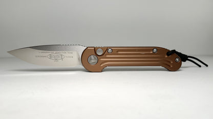 Microtech LUDT Auto 135-4TA Pre-Owned - Satin 3.4" Bohler ELMAX Drop Point Blade & Tan Aluminum Handle - Push Button Automatic w/ No Safety | Made in USA