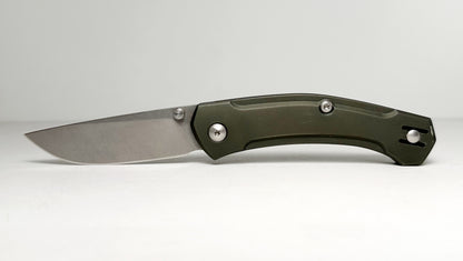 GiantMouse ACE Iona Pre-Owned - OD Green Aluminum Handle Scales & Stonewash 2.9" Bohler M390 Drop Point Blade - Liner Lock Manual w/ Dual Thumb Studs | Made in Italy