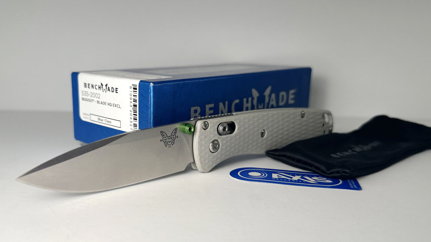 Benchmade Bugout BHQ Exclusive 535-2202 LNIB - Stonewash CPM 20CV & Gray G-10 Handle Scales w/ Green Studs & Spacers - AXIS Bar Lock | Made in USA