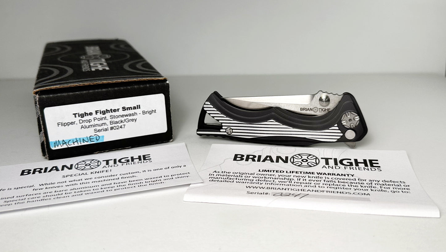 Brian Tighe & Friends Small Tighe Fighter Flipper Pre-Owned #0247 - Stonewash 154CM Drop Point Blade & Black/Grey Bright Aluminum Handles - Button Lock Folder w/ Flipper Tab | Made in USA