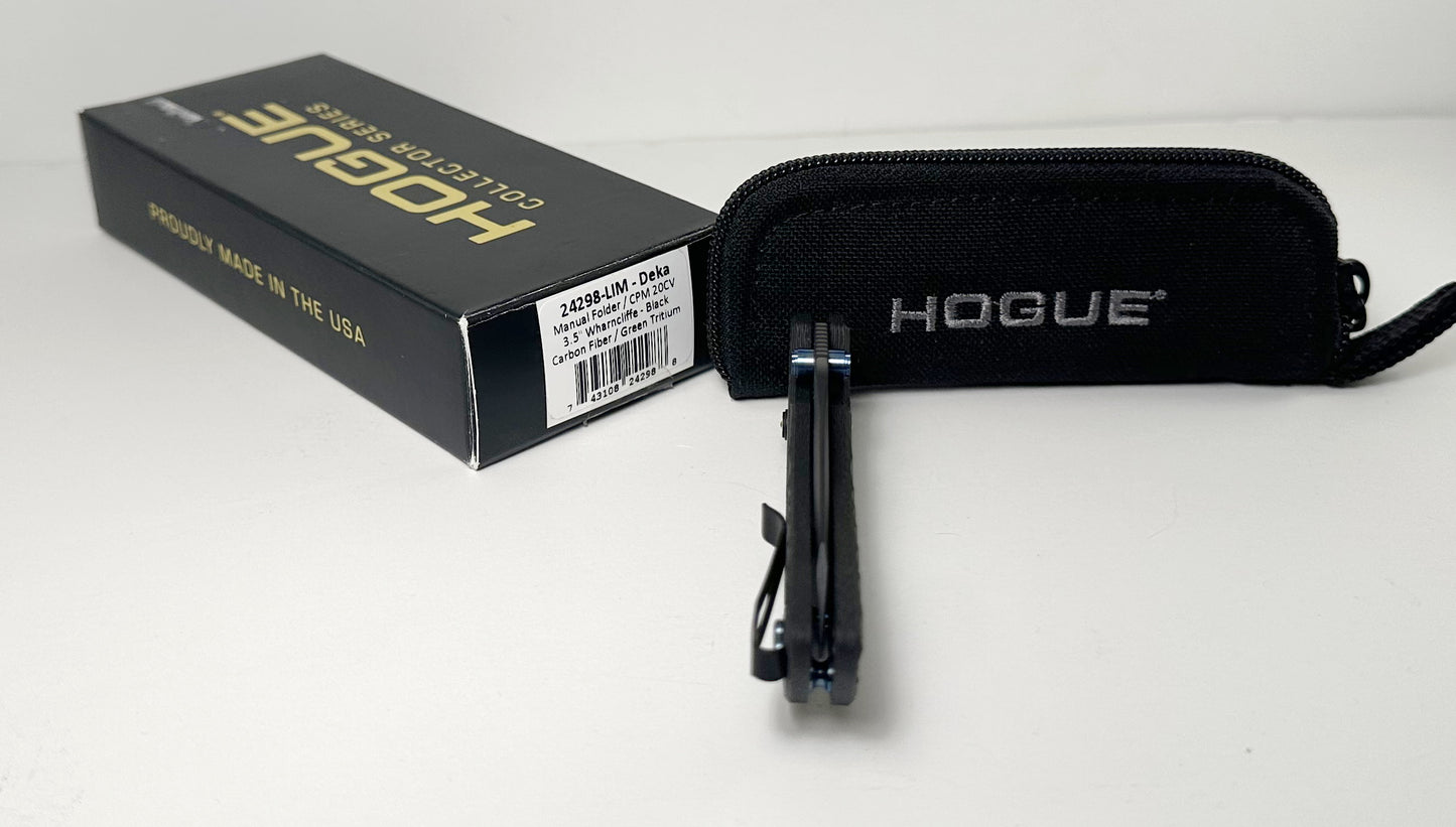 Hogue Deka Collector Series 24298-LIM Pre-Owned - Black CPM-20CV Wharncliffe Blade & Carbon Fiber Handle w/ Green Tritium Bar Lock & Blue Ti Hardware - ABLE Lock w/ Sual Studs | Made in USA