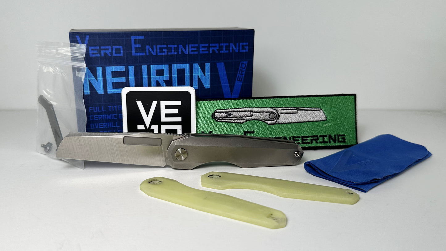 Vero Engineering Neuron Pre-Owned Serialized #004 - Titanium Handle & M390 Sheepsfoot Blade - Non-Locking Double Detent Folder - GITD Scales Included