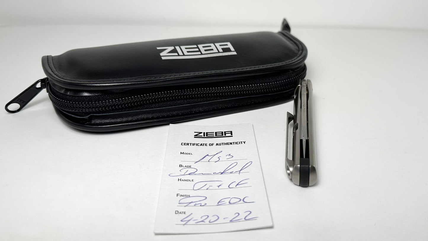 Zieba MS3 Pro EDC Flipper Damasteel Pre-Owned - Twist-Patterned 2.75" Damasteel Blade & Blasted Titanium Handle - Blue Ti Hardware & Carbon Fiber Backspacer | Made in USA