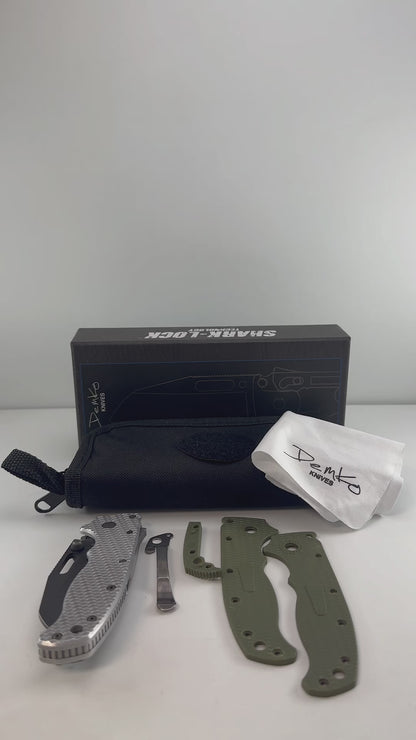 Demko Knives AD20.5 PRE-OWN Modified w/ Original Goat Aluminum OG1 Replacement Scales & Stonewash (MOD) Black Slotted Shark Foot Blade in AUS10A Steel | Includes DLT OD Green Grivory Scales & Two Pocket Clips | Shark Lock | Taiwan