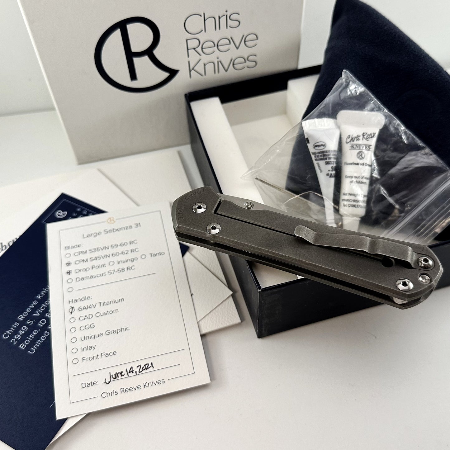 Chris Reeve Knives Sebenza 31 Large PRE-OWNED Drop Point in Stonewashed CPM S45VN | Sandblasted 6AL4V Titanium Frame Lock Handle